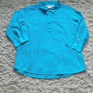 Gretchen Scott Popover Eyelet Collared 1/2 Button 3/4 Sleeve Shirt Teal Women’s